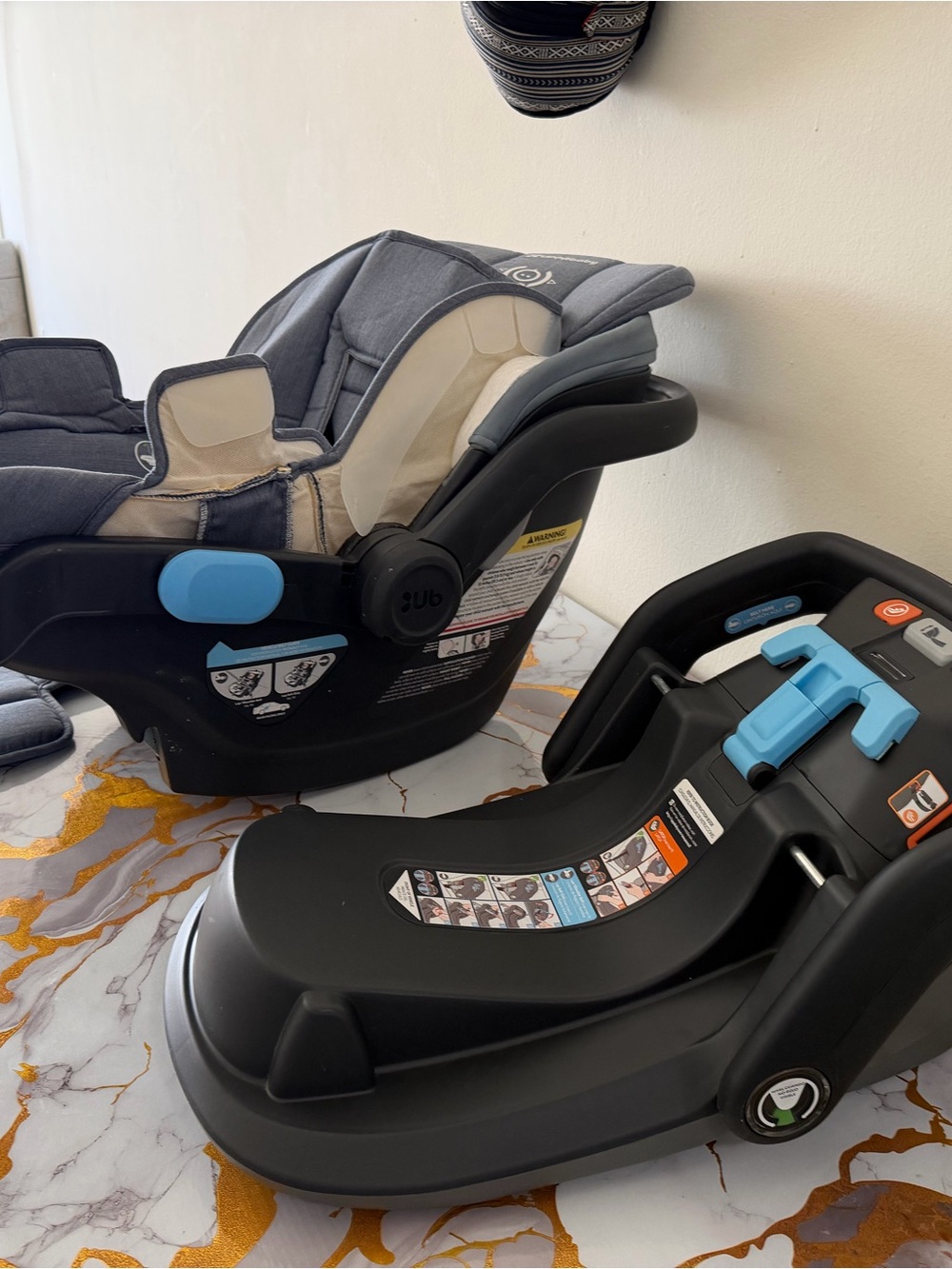Infant Car Seat and Base in Gray with Blue Accents